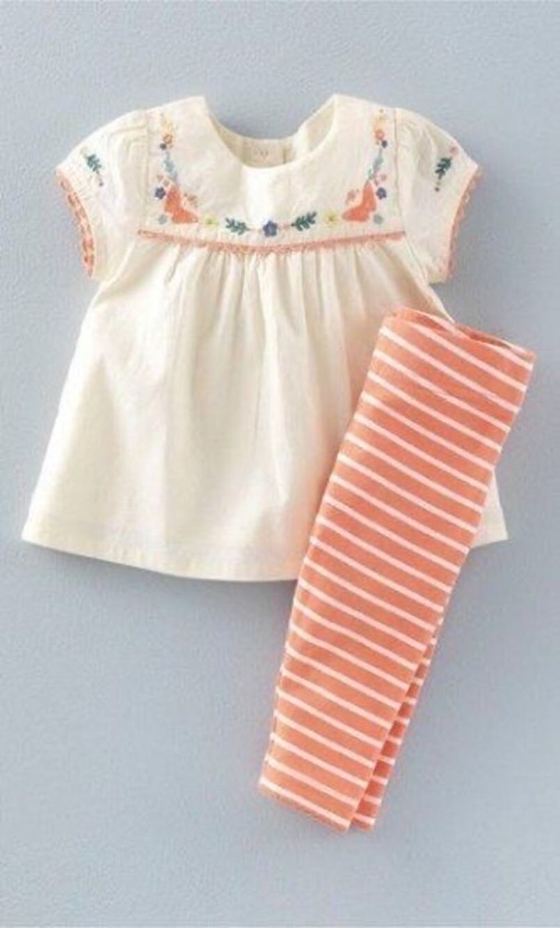 Baby Boden Embroidered Blouse & Striped Leggings Set